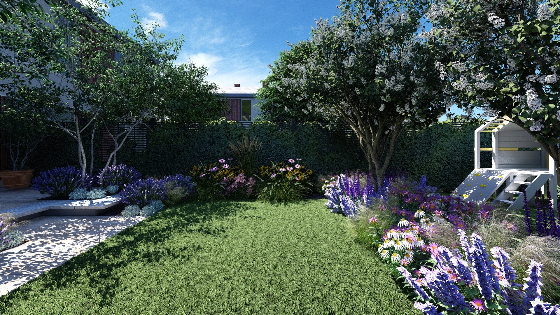 Projekt ogrodu 100 m2 z rabatami Garden Box
